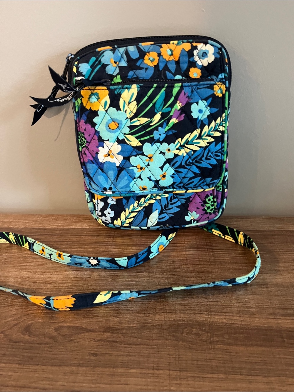 Vera Bradley Navy Floral Quilted Crossbody - Blue, Yellow, Purple